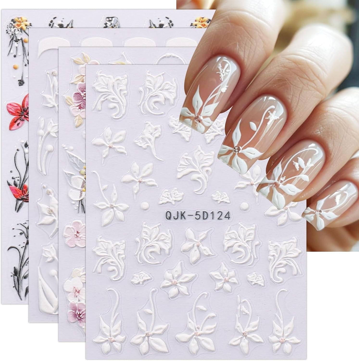 JMEOWIO 3D Nagelsticker Blumen Nail Art Sticker Selbstklebend Nagelaufkleber 5D Stereoscopico Frühling Sommer Dekoration Nageldesign Zubehör 4 Blatt