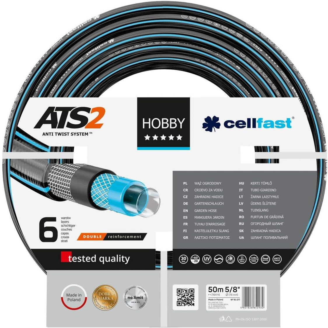 Tubo da giardino CELLFAST Tubo dell'acqua a 6 strati Tubo per irrigazione in tessuto a doppia treccia Tubo flessibile anti-alghe resistente ai raggi UV 32 Bar 1 pollice 25 metri Hobby