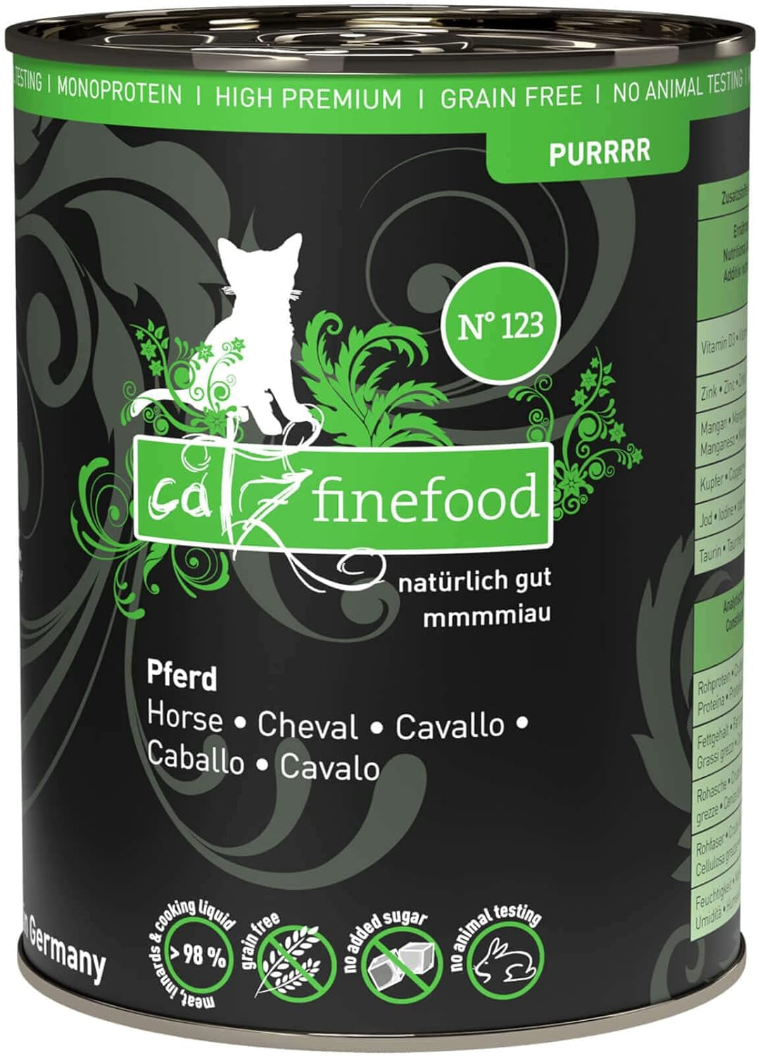 Alimento umido per gatti Catz Finefood Purrrr Horse Monoprotein n. 123, per gatti con digestione sensibile, contenuto carne 70%, 6 scatole x 400 g