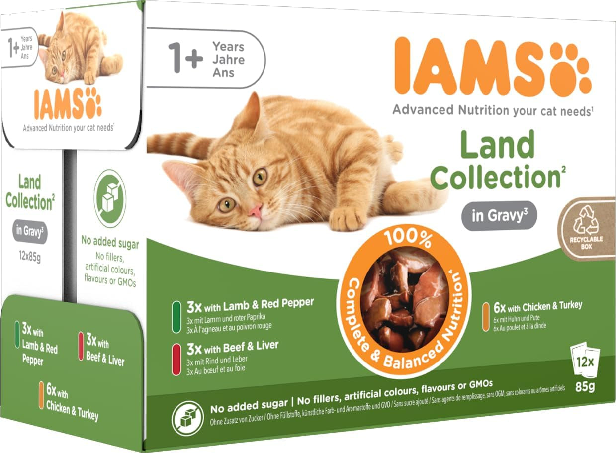 IAMS Delights Land Collection Cibo umido per gatti - Confezione multipla con varietà di carne (agnello, manzo, pollo e tacchino) in salsa, cibo umido per gatti da 1 anno, 12 x 85g