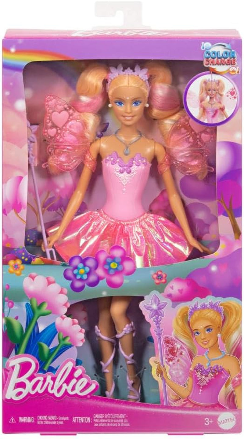 Mattel Barbie Doll con bacchetta magica e accessori moda, tema fantasy con ali e vestito che cambia colore, JCP76, [Multicolore]