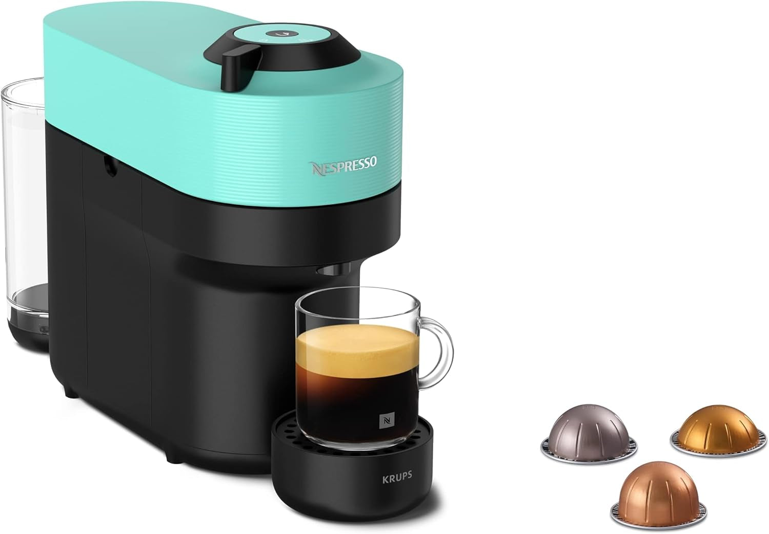 Macchina per caffè espresso con capsule Nespresso Krups Vertuo Pop, capacità: 560 ml, riconoscimento automatico delle capsule, sistema one-touch, 4 dimensioni di tazza, tempo di riscaldamento ridotto, sostenibile, Aqua Mint, XN9204