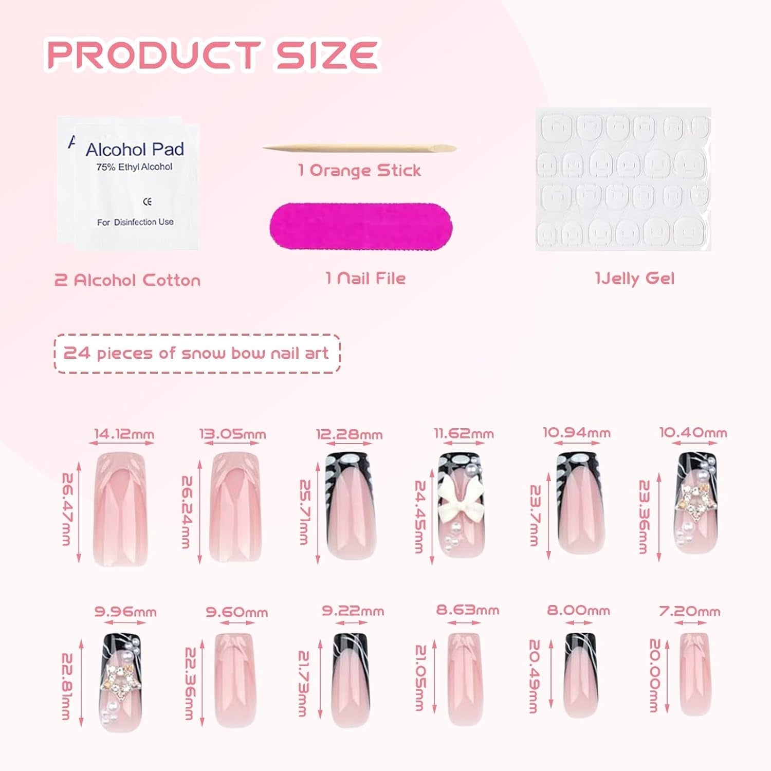 24 pezzi di strass di media lunghezza rosa perla quadrata glitter 3D unghie finte per donne e ragazze