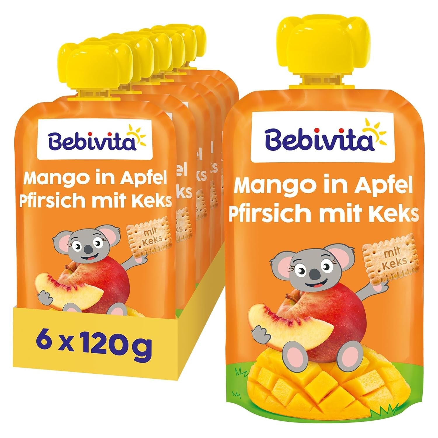 Mango in salsa di mele e pesche con un sacchetto di biscotti (6 x 120g), senza zuccheri aggiunti, a base di frutta delicata e cereali pregiati, ideale per spuntini confezionati e in viaggio.