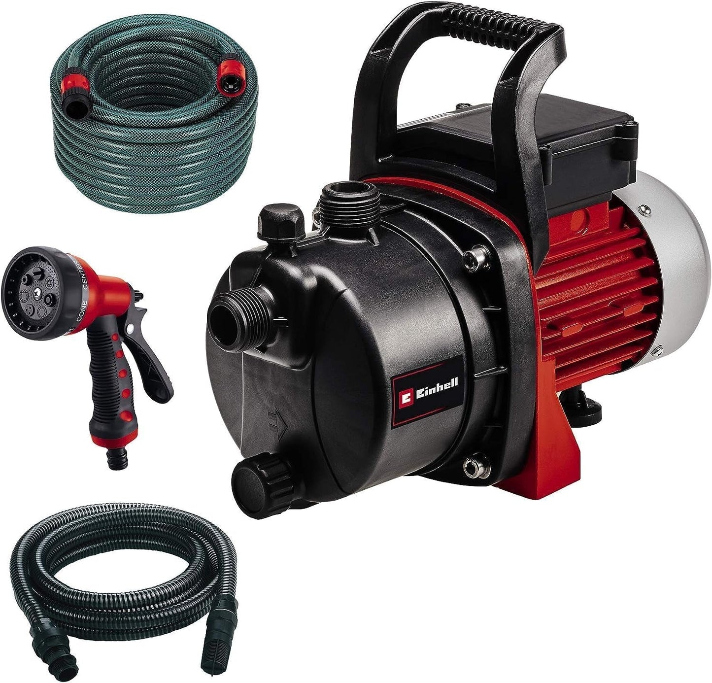 Set pompa da giardino Einhell GC-GP 6538 Set/I (650 W, max. 3,6 bar, portata 3800 L/h, vite di carico/scarico acqua, incl. tubo di aspirazione da 4 m + tubo da giardino da 20 m + pistola a spruzzo)