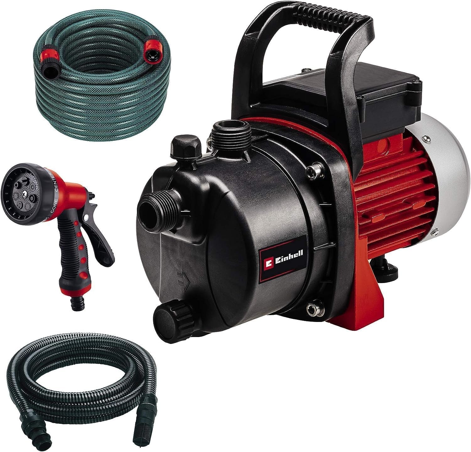 Set pompa da giardino Einhell GC-GP 6538 Set/I (650 W, max. 3,6 bar, portata 3800 L/h, vite di carico/scarico acqua, incl. tubo di aspirazione da 4 m + tubo da giardino da 20 m + pistola a spruzzo)
