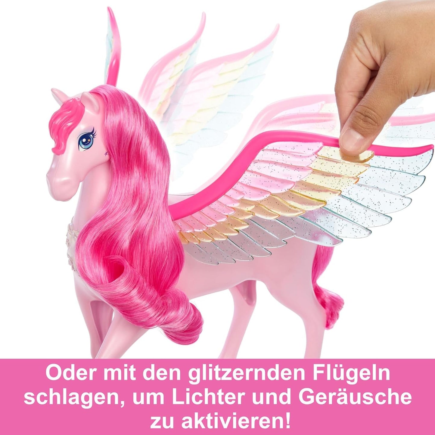 Barbie Pegasus Magic Hide and Seek - Giocattolo interattivo con luci e suoni, 10 accessori, Ali arcobaleno, dai 3 anni in su, HLC41