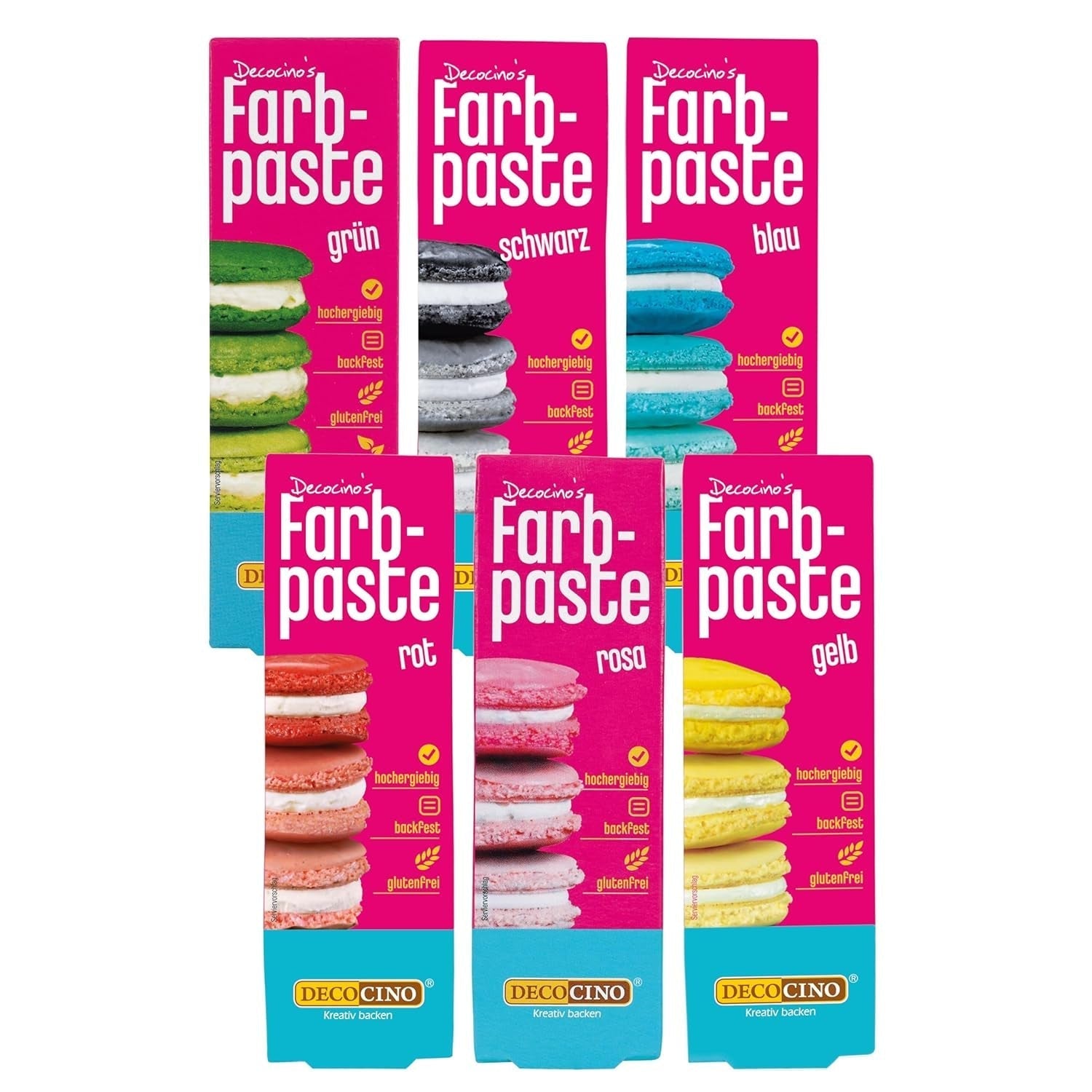 Set 6 paste coloranti Decocino - 6 x 20 g - Colorante alimentare rosso, rosa, verde, giallo, blu e nero, ideale per colorare torte, fondente e creme - Azo-free e senza glutine