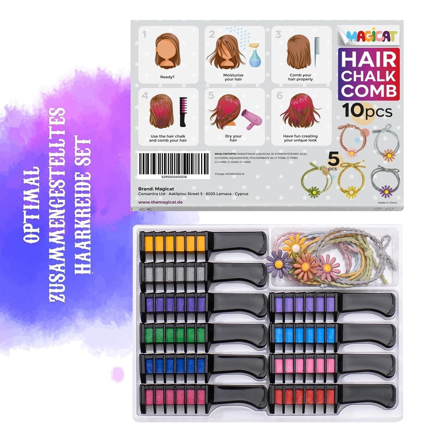 Set di gessi per capelli Magicat per ragazze I 10 colori lavabili e 5 elastici per capelli I Regalo per ragazze da 4 a 10 anni I Regalo creativo per la festa di compleanno dei bambini 2025 I Tinture per capelli sicure e colorate Naty Shop