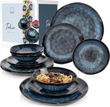 SANGER | Tokyo Set di stoviglie Set di stoviglie in gres da 12 pezzi per 4 persone, inclusi piatti piani, piatti da dessert e ciotole, blu scuro con accenti neri | LA COLLEZIONE PREMIUM