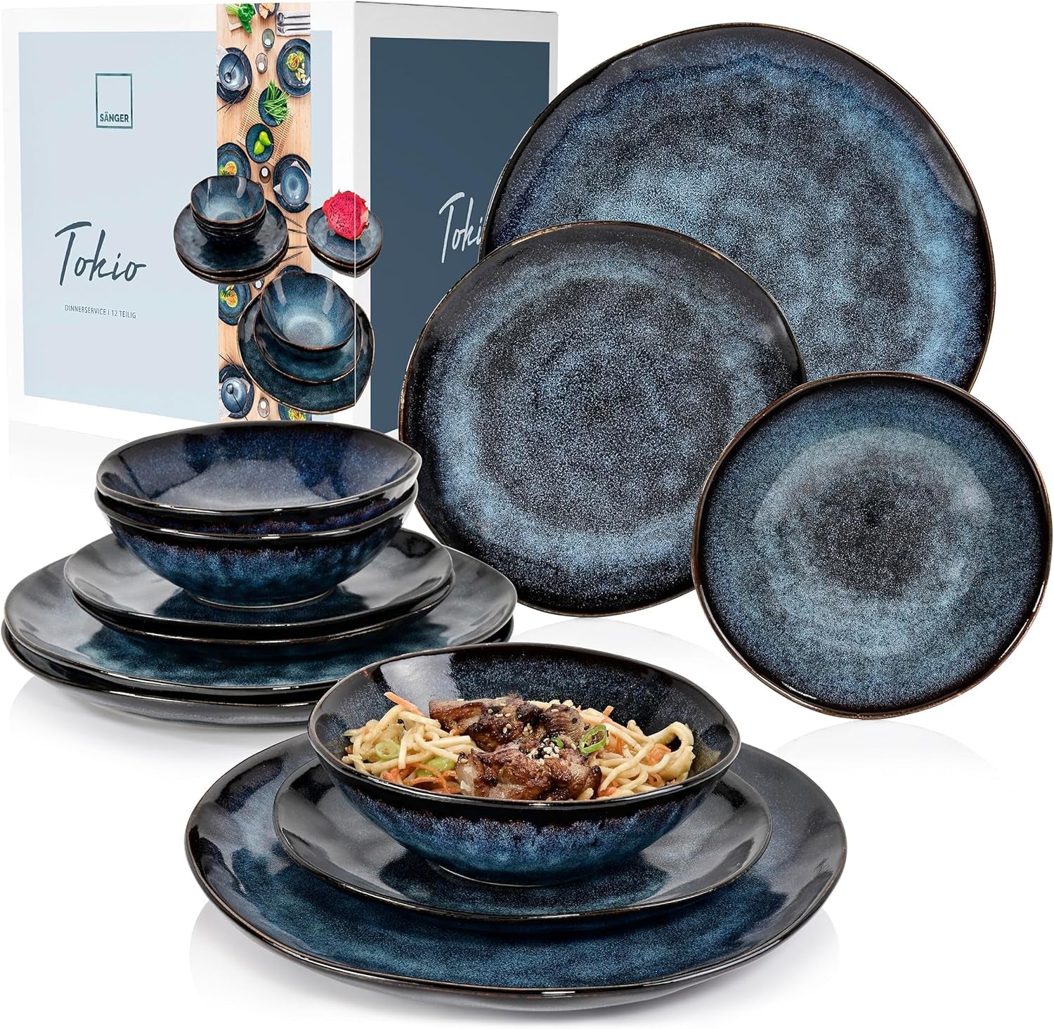 SANGER | Tokyo Set di stoviglie Set di stoviglie in gres da 12 pezzi per 4 persone, inclusi piatti piani, piatti da dessert e ciotole, blu scuro con accenti neri | LA COLLEZIONE PREMIUM