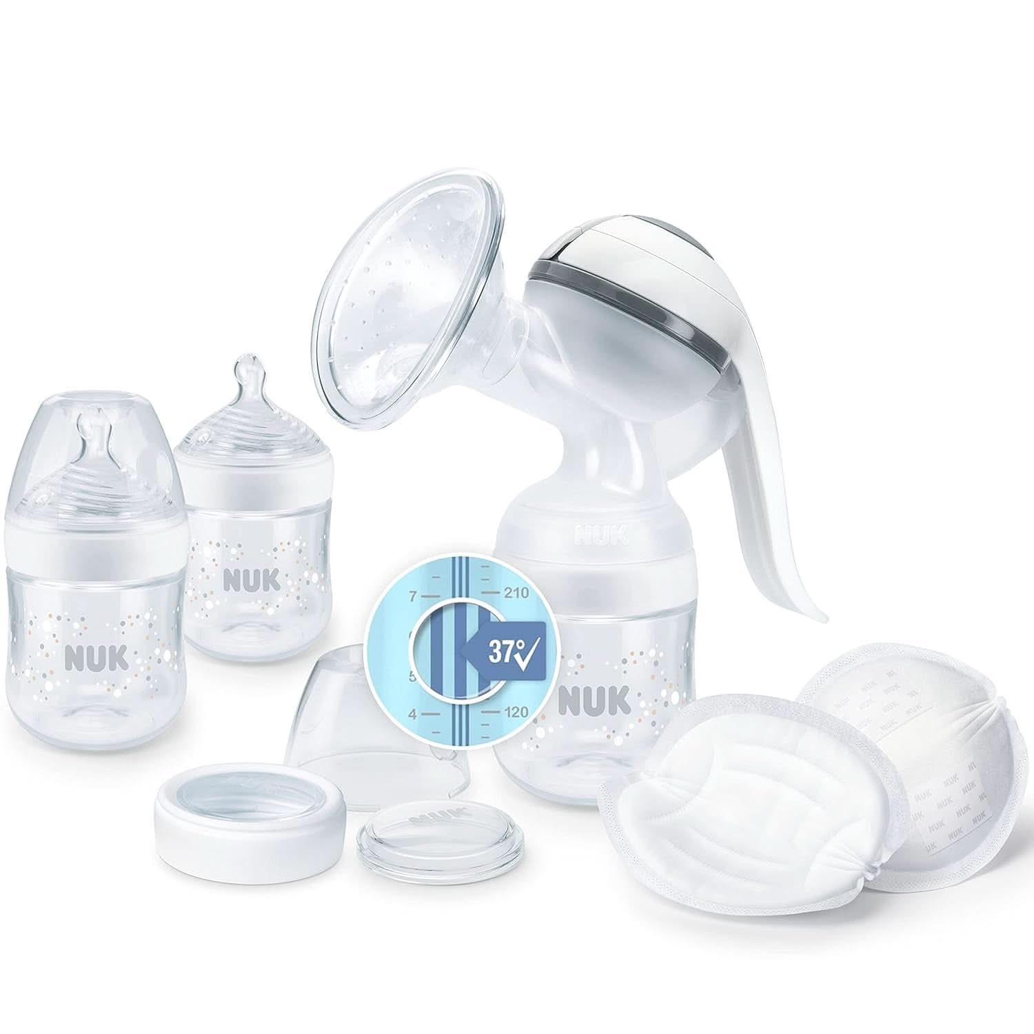 Tiralatte manuale NUK Nature Sense | Set da allattamento con tiralatte manuale, biberon e coppette assorbilatte Ultra Dry Comfort | 6 pezzi Accessori Alimenti e Allattamento Naty Shop Singolo Con controllo della temperatura