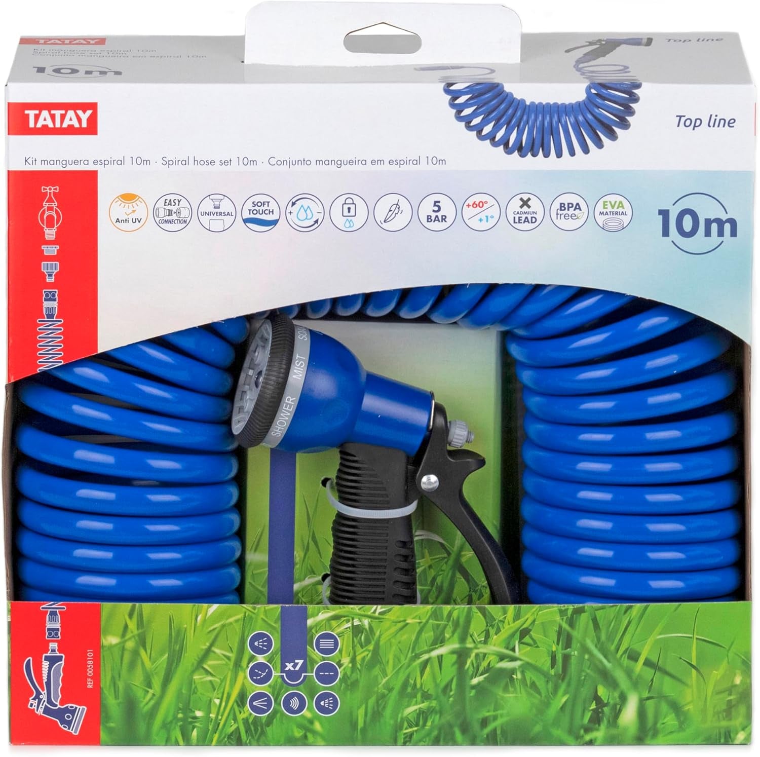 Set tubo spiralato TATAY 10 m con accessori in plastica con protezione UV, ideale per terrazze e piccoli giardini.