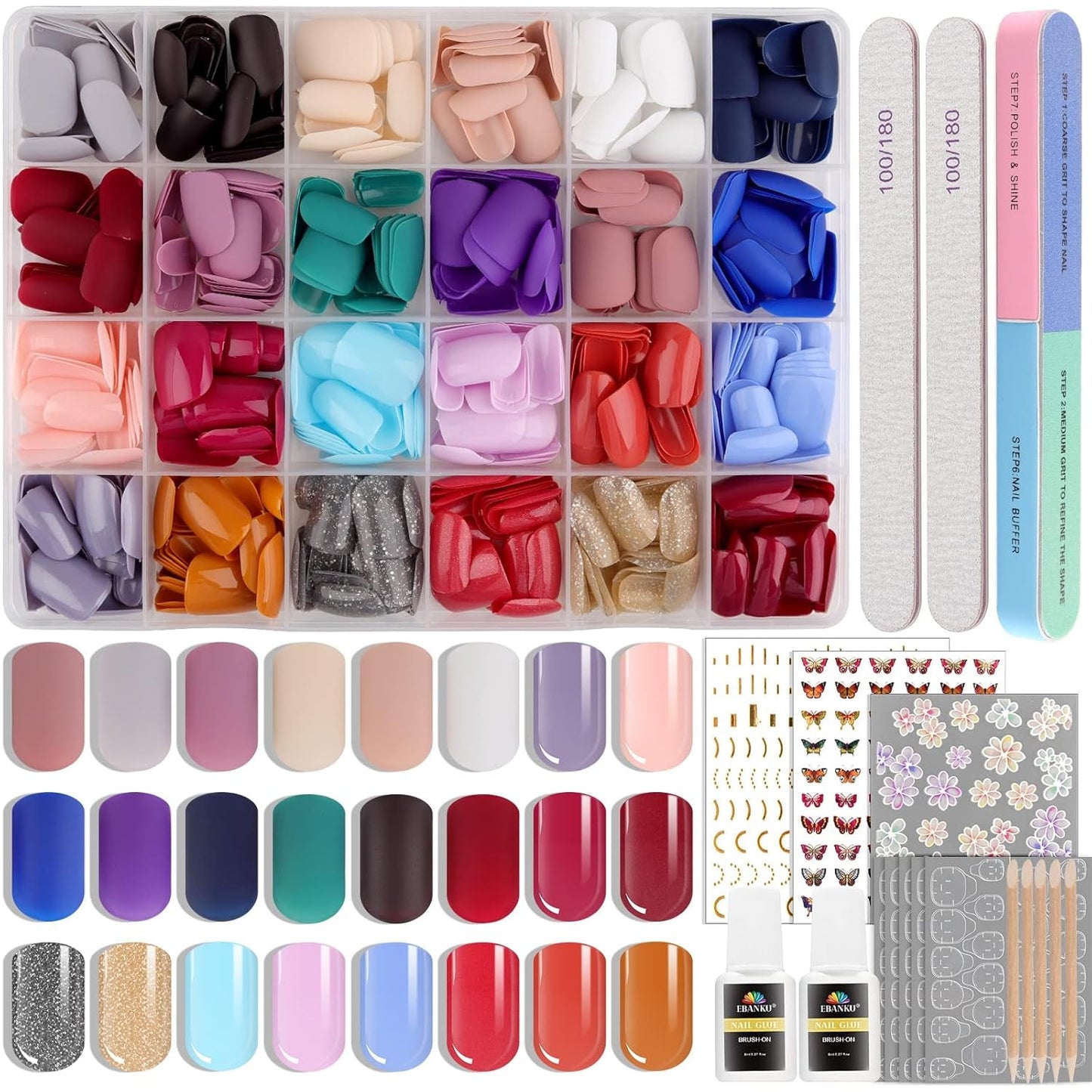 EBANKU 576 pezzi di unghie artificiali con stampa breve con colla per unghie, 12 colori per unghie artificiali corte opache, 8 unghie artificiali corte lucide, 4 unghie artificiali glitterate