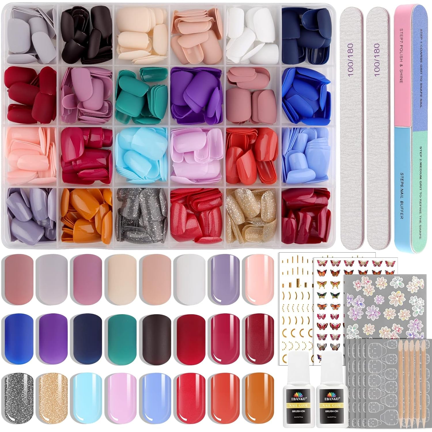 EBANKU 576 pezzi di unghie artificiali con stampa breve con colla per unghie, 12 colori per unghie artificiali corte opache, 8 unghie artificiali corte lucide, 4 unghie artificiali glitterate
