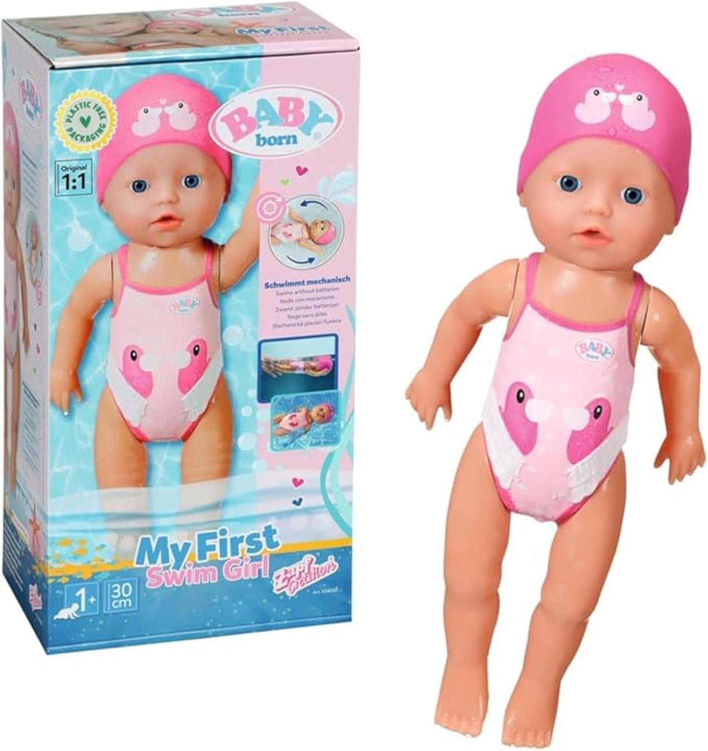 BABY Born My First Swimmer Girl - Bambola da 30 cm - Bambola da Bagno con Meccanismo Girevole, Impermeabile - Funziona senza batterie - Adatta per bambini da 1 anno in su