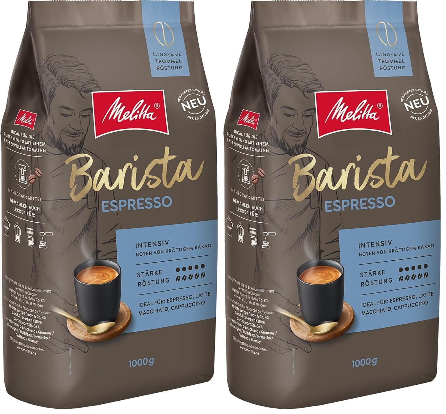 Melitta Barista Classic Espresso, Caffè in Grani Interi 1kg, Non Macinato, Caffè in Grani per Macchine Espresso Automatiche, Tostatura Forte, Intensità 5 (Confezione da 2)