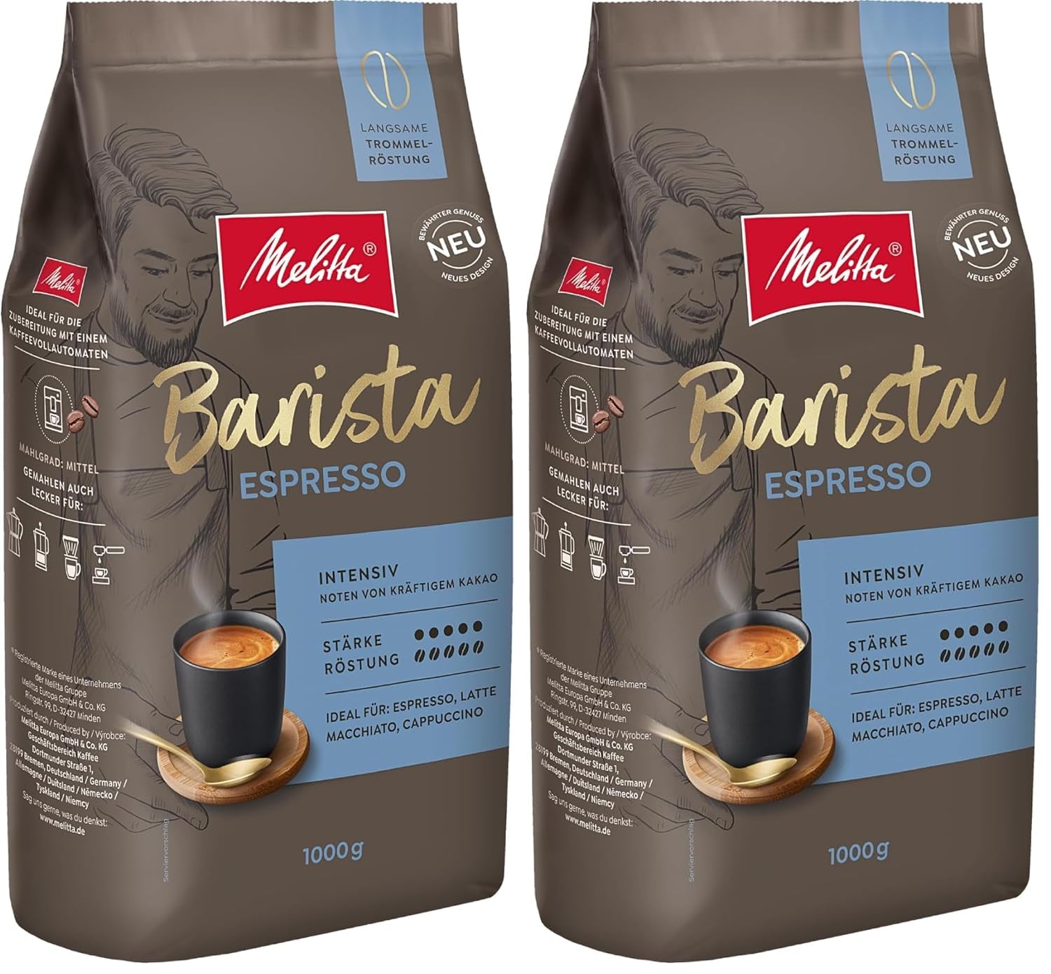 Melitta Barista Classic Espresso, Caffè in Grani Interi 1kg, Non Macinato, Caffè in Grani per Macchine Espresso Automatiche, Tostatura Forte, Intensità 5 (Confezione da 2)