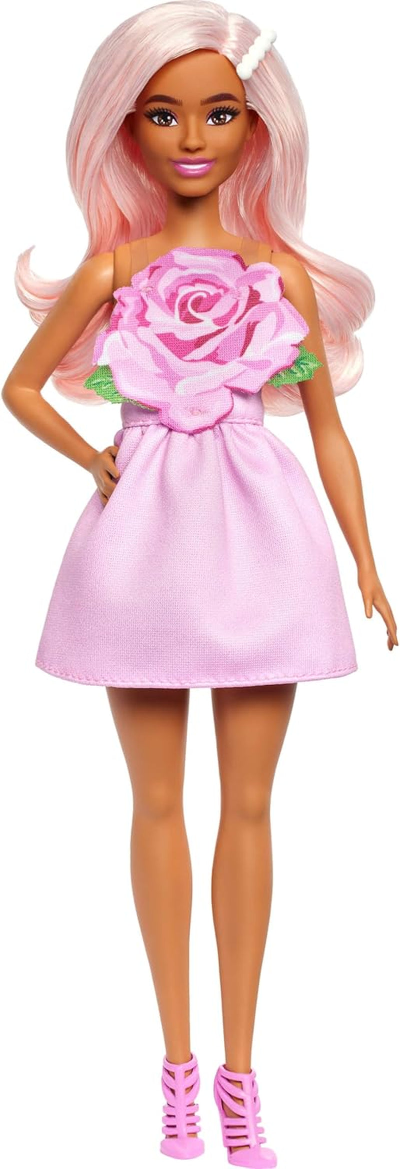 Bambola Barbie Fashionistas n. 238 con capelli rosa pastello, vestito senza spalline con top rosa, fermaglio per capelli con perle e tacchi alti con listini, HYT94 Naty Shop Dolls