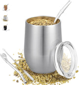 Tazza Modern Mate da 340 ml, Set di Tazze Yerba Mate in Acciaio Inossidabile a Doppia Parete coibentato, Tazza da tè Mate con Coperchio Senza BPA, Bombillas e una Spazzola per la Pulizia (Argento)