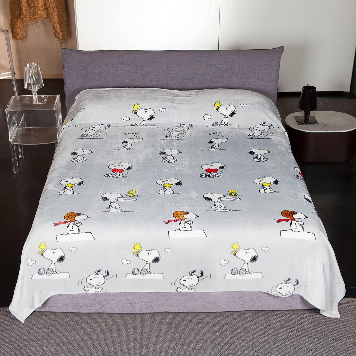 Kanguru Bed, copriletto, coperta in pile per letto matrimoniale, coperta in microfibra, Snoopy Peanuts GRIGIO, 230X230Cm, coperta estiva, copriletto per camera da letto Letti e coperte Besuche den Kanguru-Store 230 X 230 letto matrimoniale Snoopy grigio