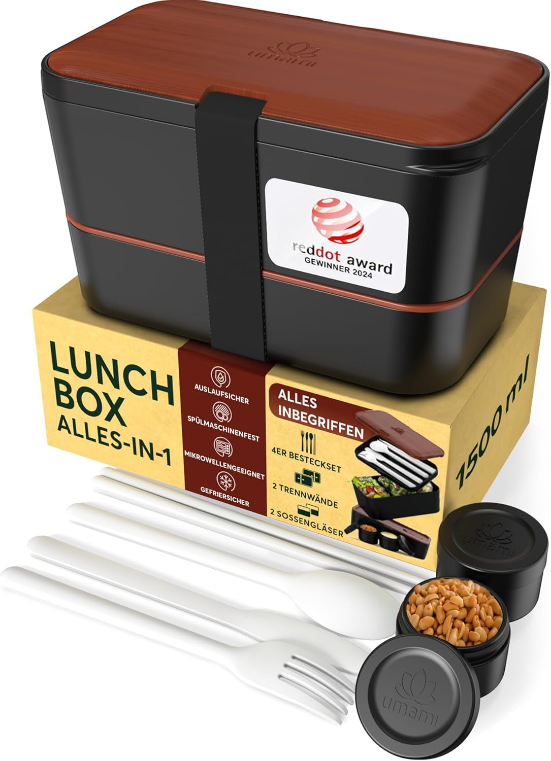 Portapranzo Umami per adulti, Bento Box impilabile con 4 posate e scomparti, Portapranzo per adulti, Contenitore per insalata da asporto, Portapranzo da picnic/ufficio, Grigio antracite, Scatole per alimenti da 1500 ml Naty Shop Sapele Nero L - 1500 ml Impilabile l'uno dentro l'altro