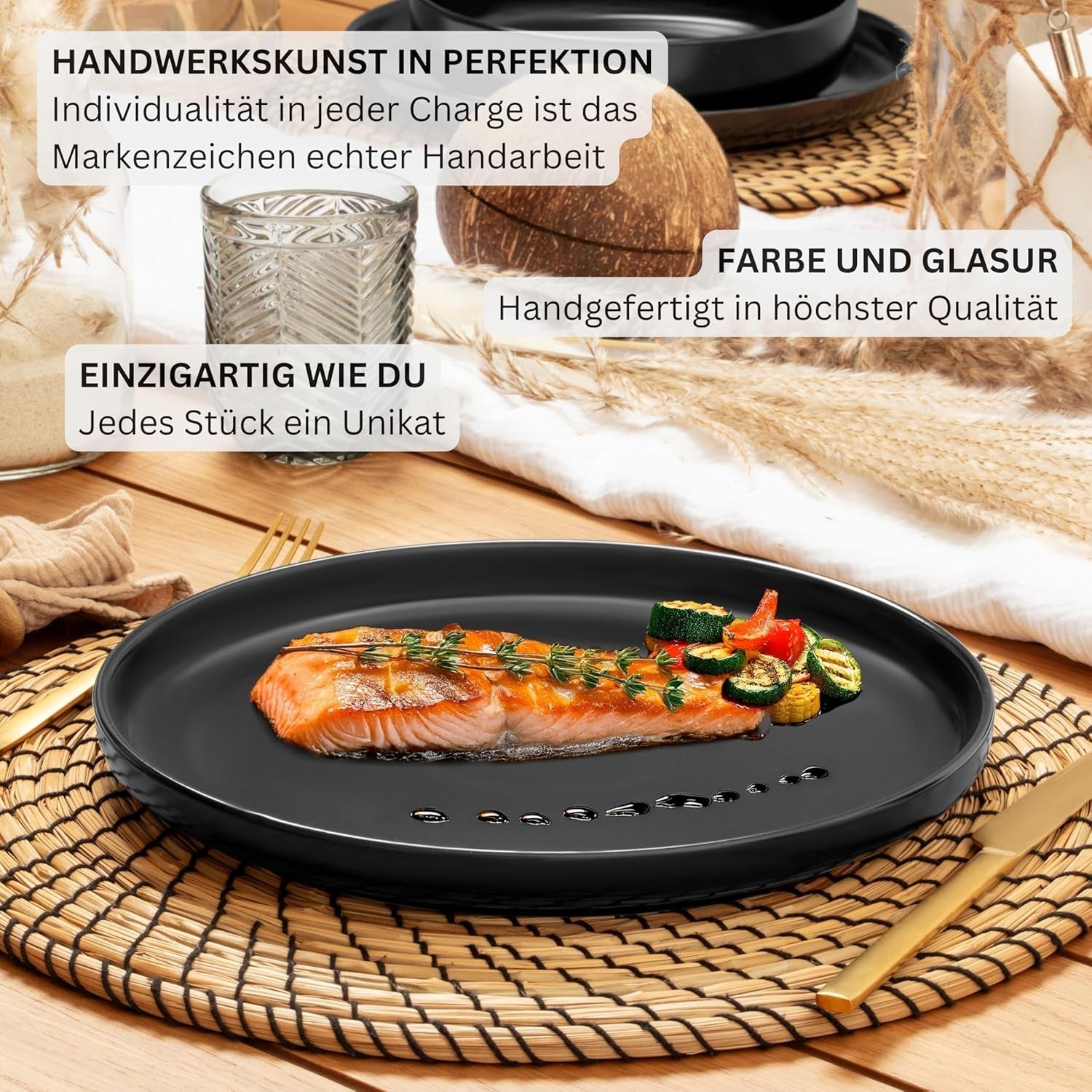 SÄNGER Madeira | Set di stoviglie combinate da 24 pezzi, set di stoviglie in gres per 6 persone, 6 piatti piani, 6 piatti da colazione, 6 piatti piani, 6 ciotole per pasta, set di stoviglie e ciotole, nero opaco | LA COLLEZIONE DI VALORE