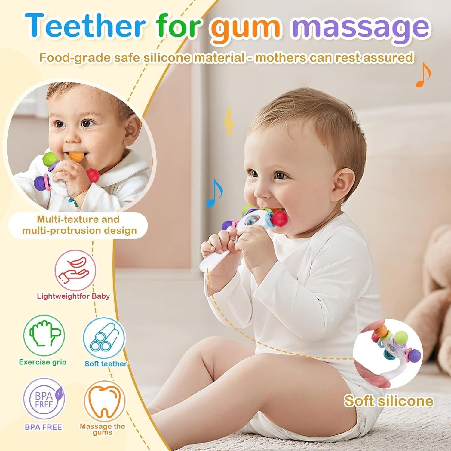 Massaggiagengive per neonati per uso alimentare - Senza BPA, design resistente al soffocamento, impugnatura rinforzata, adatti per l'udito e lo sviluppo dei denti, ideali per bambini da 0 a 36 mesi (Bianco)