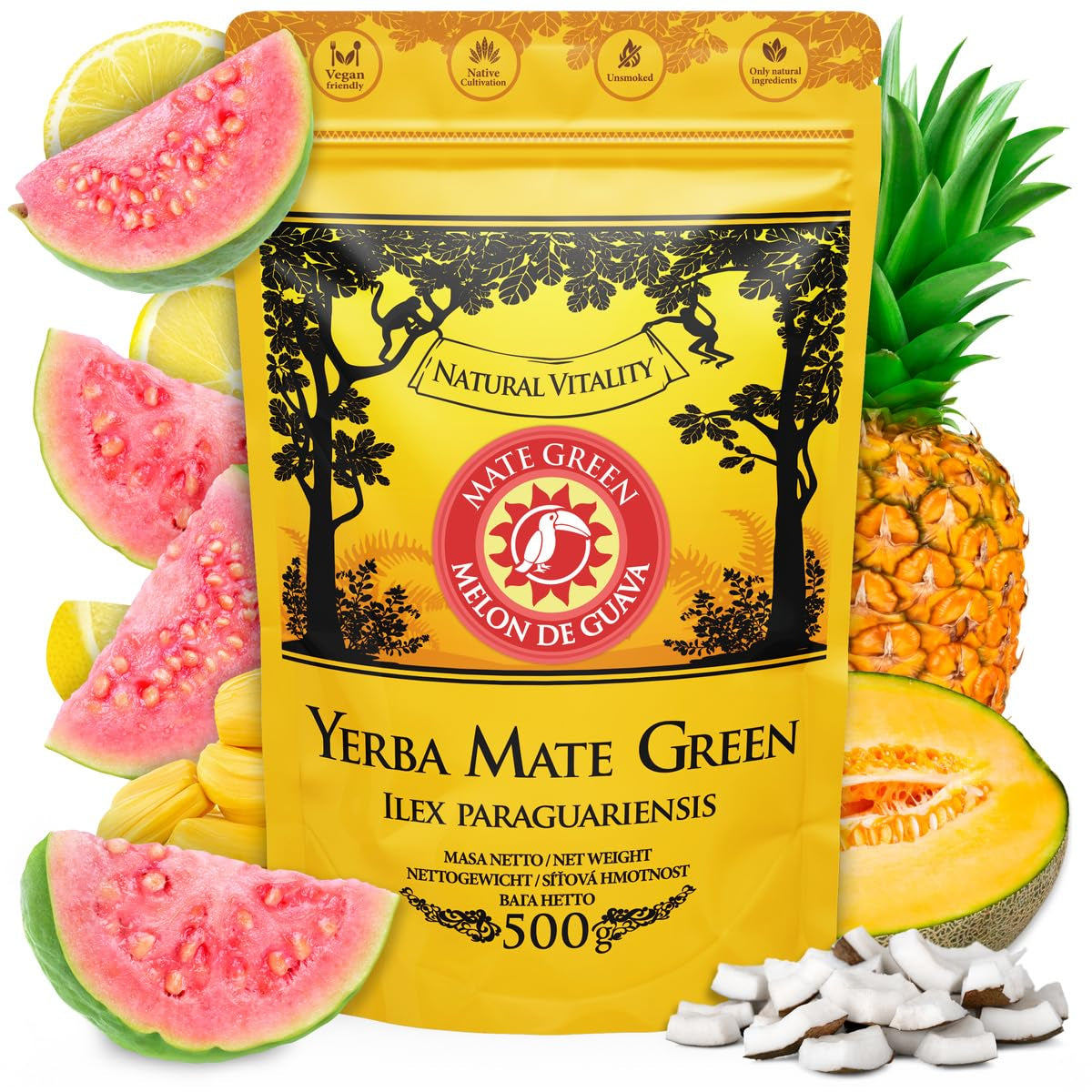 Yerba Melon De Guava 500G - Tè Yerba Mate brasiliano con melone, guava, jackfruit, ananas e cocco - Esotico e fruttato - Essiccato all'aria, vegano