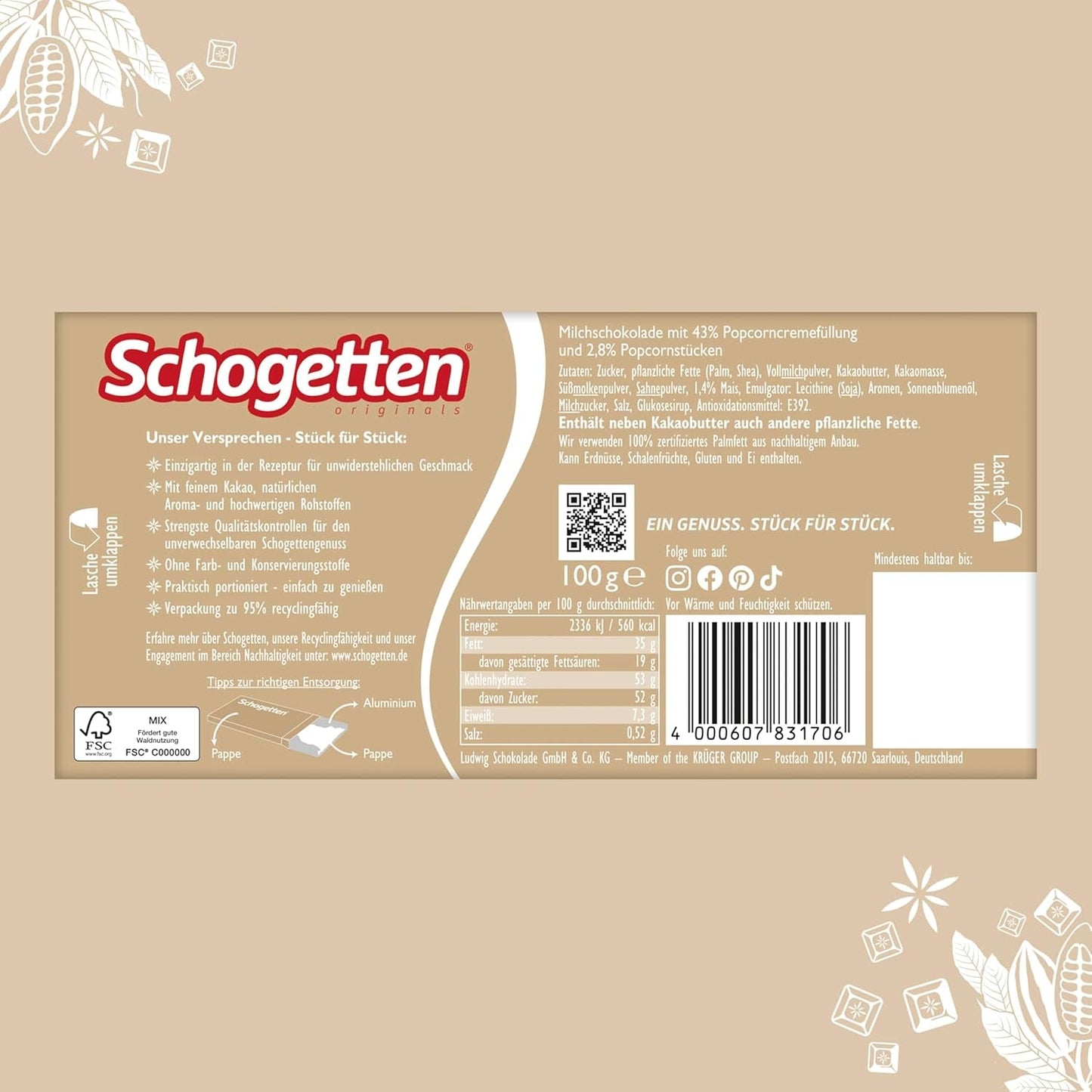 Schogetten Popcorn 1 tavoletta di cioccolato x 100 g, cioccolato al latte con popcorn e pezzi di mais, pratici pezzi singoli. Una prelibatezza. Pezzo per pezzo.