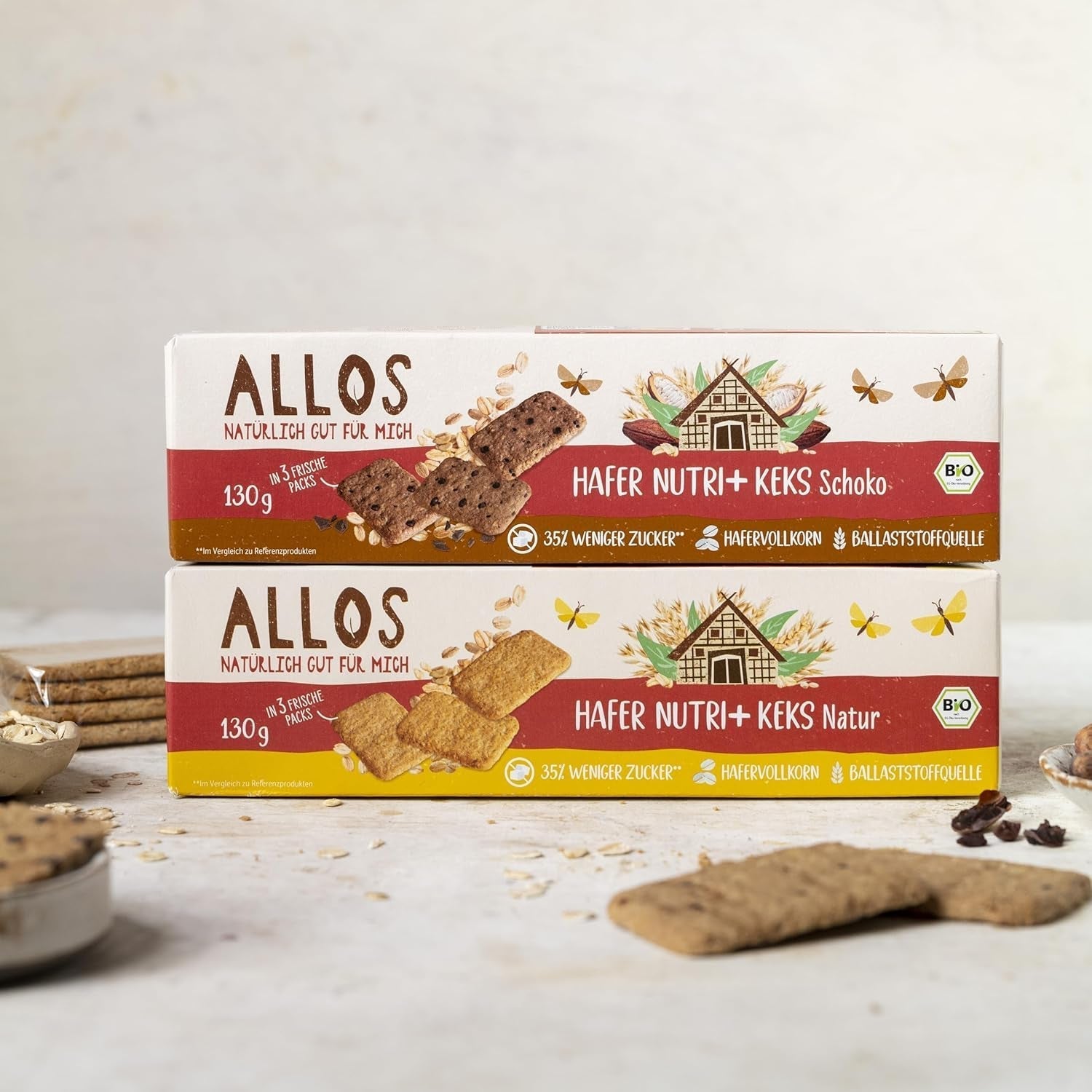 Biscotti con avena e cioccolato biologico Allos | Biscotto Croccante Al Cioccolato E Avena Integrale | Dolcificare con miele 6 x 130g