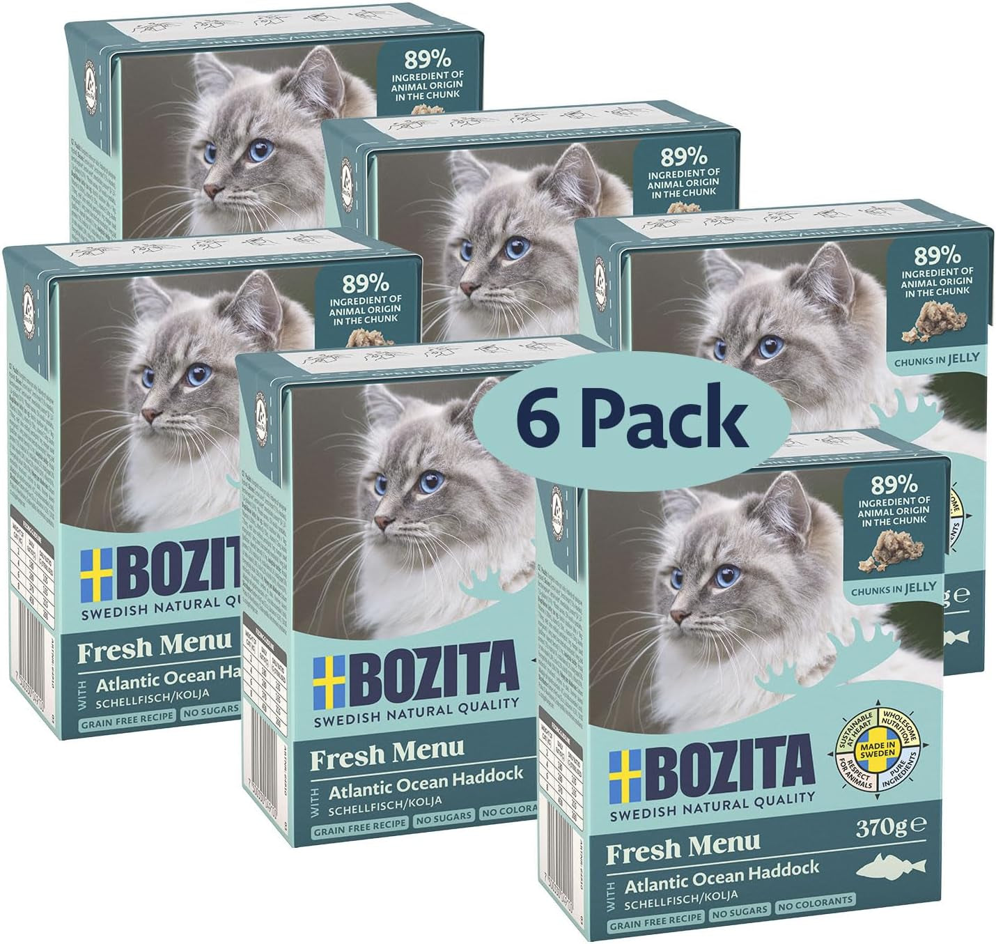Bozita Tetra cibo umido con eglefino in gelatina - 6 x 370 g senza cereali, senza zuccheri aggiunti e cibo per gatti non OGM - equilibrato, delizioso, con il 7,5% di proteine ​​e il 5% di grassi