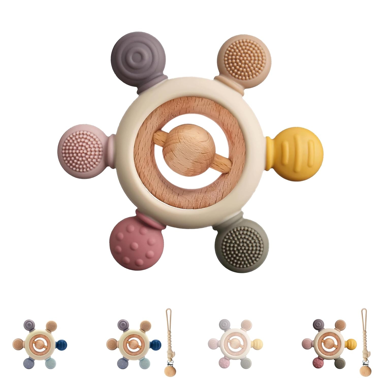 Anello per massaggiagengive con catenella per ciuccio - Aiuto per la dentizione - Giocattolo per bambini 0-6 mesi - Elementi essenziali per neonati - Giocattolo per la dentizione senza BPA - Idee regalo per neonati