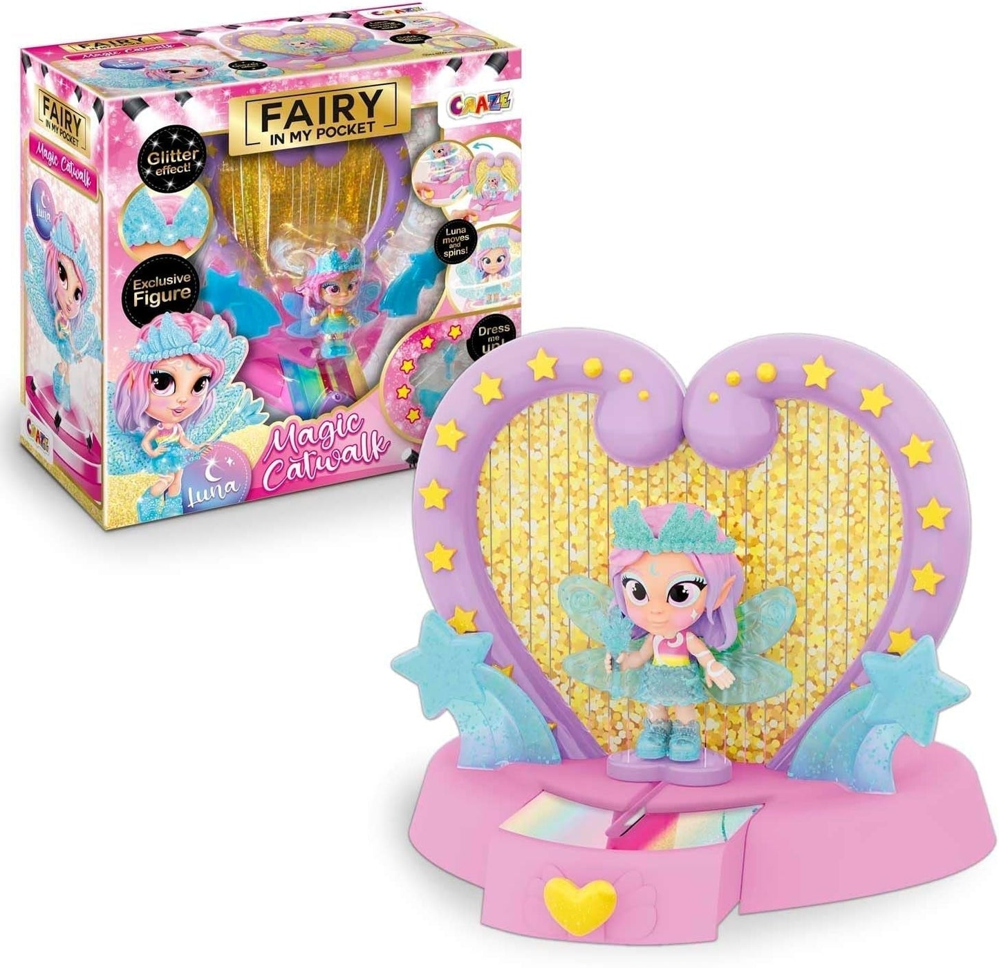 CRAZE Fata in tasca | Fata bambola con ali, giocattolo fata da collezione con effetti speciali come glitter, bagliore al buio e cambio colore Dolls Naty Shop Fairy Magic Catwalk set da gioco