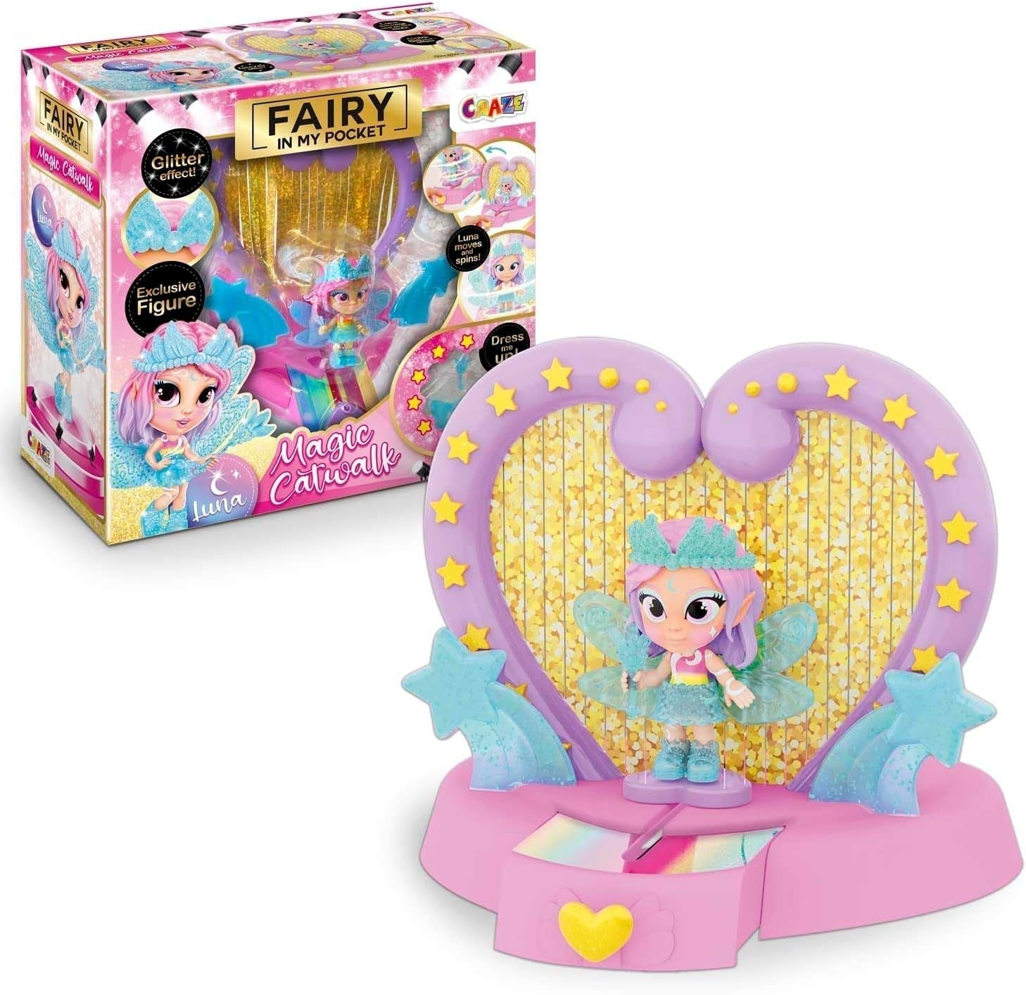 CRAZE Fata in tasca | Fata bambola con ali, giocattolo fata da collezione con effetti speciali come glitter, bagliore al buio e cambio colore Dolls Naty Shop Fairy Magic Catwalk set da gioco