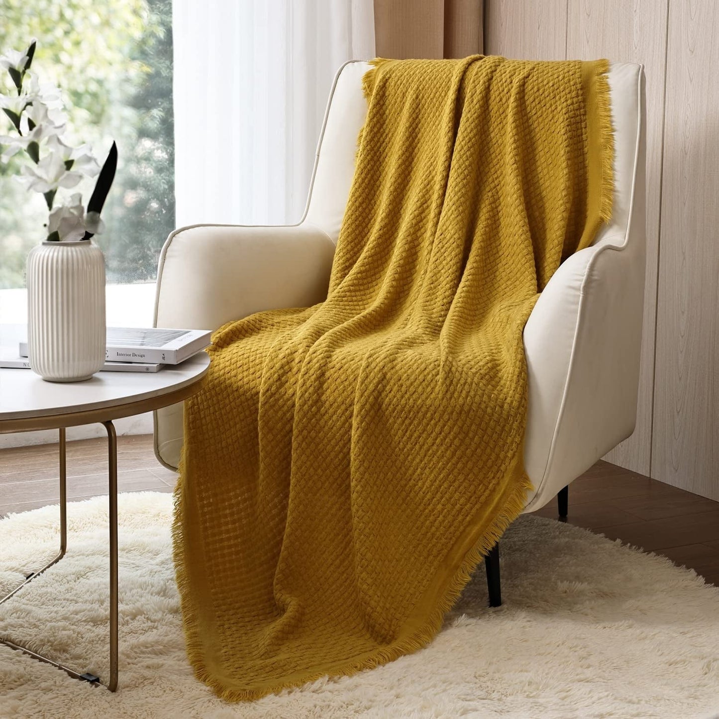 CREVENT Coperta lavorata a maglia color ruggine per divano, poltrona, letto, decorazioni per la casa, morbida, calda, accogliente, leggera, primavera estate autunno (127,8 x 152,4 cm caramello/marrone/arancio bruciato) CREVENT Letti e coperte Giallo