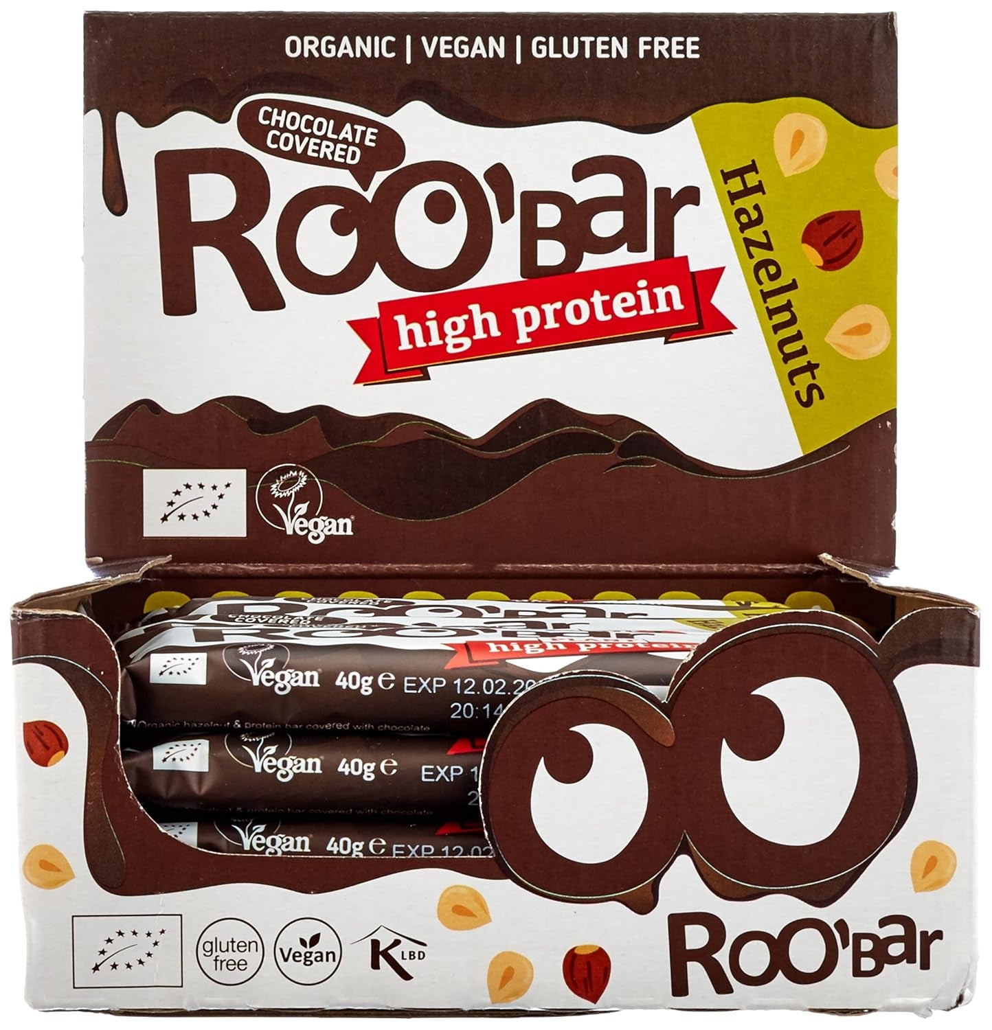 Barrette di nocciole glassate al cioccolato ad alto contenuto proteico - 100% biologiche, vegane, barrette di frutta, senza latticini, senza glutine, senza zuccheri raffinati - 16 barrette x 40g
