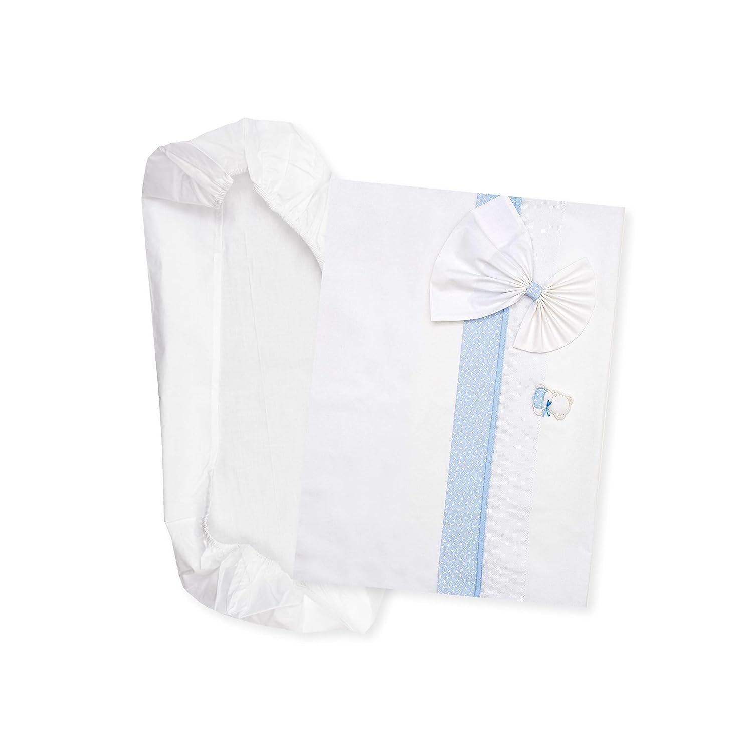 Set Lenzuola Navicella Bianco e Rosa, 1 Lenzuolo con Angoli, 1 Lenzuolo Sopra con Ricamo in Nastro Aida e 1 Federa per Cuscino, 100% Cotone, Made in Italy Naty Shop Trapunte e Trapunte Azzurro