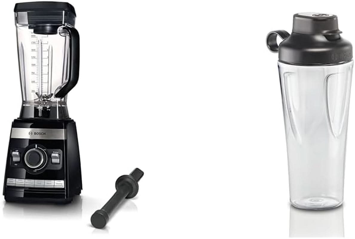 Bosch Robot da cucina Vitaboost MMBH6P6BDE, 6-Klingen-Edelstahlmesser, 2.5L Tritan-Mixbehälter, Stopfer, 6 Automatikprogramme, Rezeptbuch, Bpa-Frei, Einfache Reinigung, 45.000 U/Min, 1600 W, Schwarz Kucatarie Naty Shop Bundle Mit Flasche 6 Automatikprogramme Deutsches Rezeptbuch