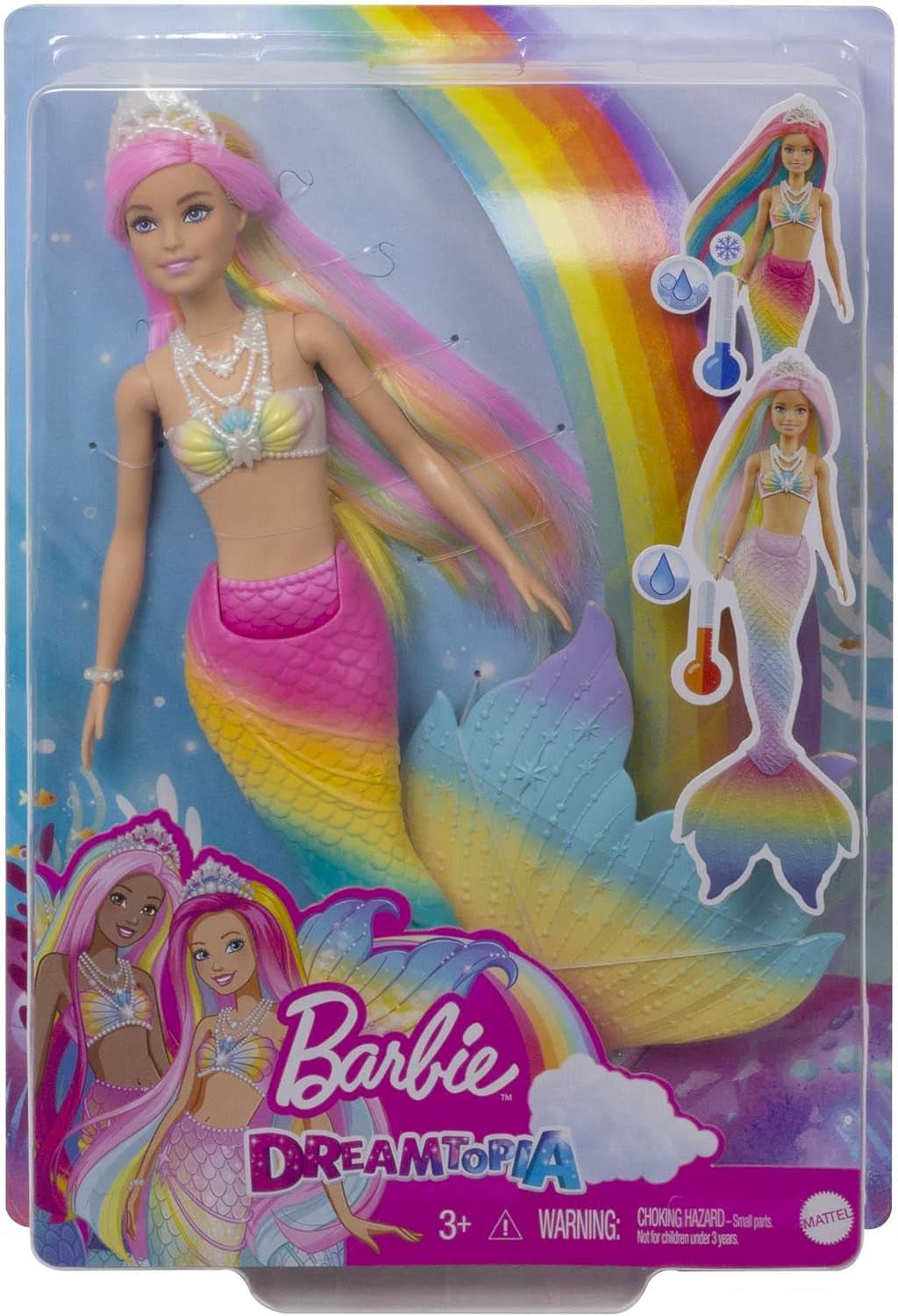 Barbie Dreamtopia Sirena magica arcobaleno, Barbie sirena con capelli arcobaleno, bambola che cambia colore, attivata dall'acqua, giocattolo per bambini dai 3 anni in su, regalo per ragazze, GTF89