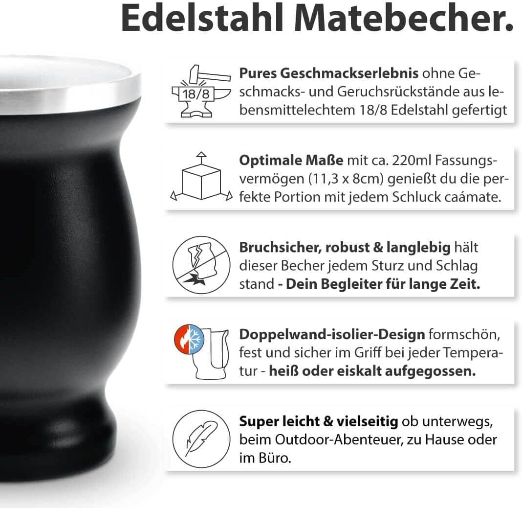 Set da tè Mate Bio ● 3 assortimenti Mate + 2 tazze Mate in acciaio inossidabile a doppia parete + 2 bombillas + istruzioni per la preparazione (nero)