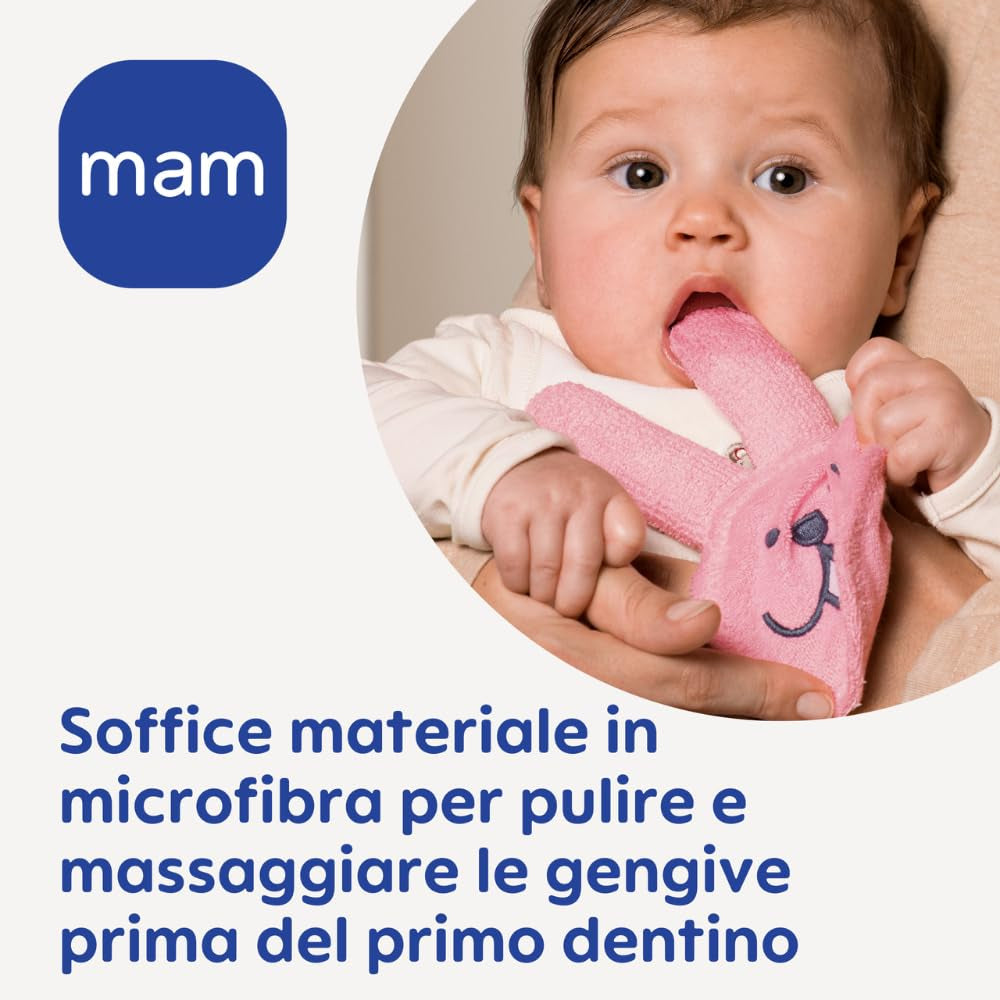 MAM Anello da dentizione per coniglio, Guanto per l'igiene orale in microfibra, 0+ mesi, Rosa
