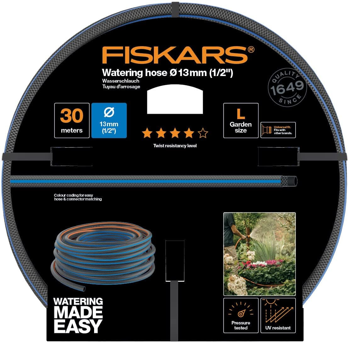 Fiskars L Tubo dell'acqua, Protezione UV, Testato a pressione, Livello di rigidità alla torsione 4 (su 5), 30 m, Ø 1,3 cm (1/2"), 4,2 kg, Nero/Arancione/Blu, 1027105