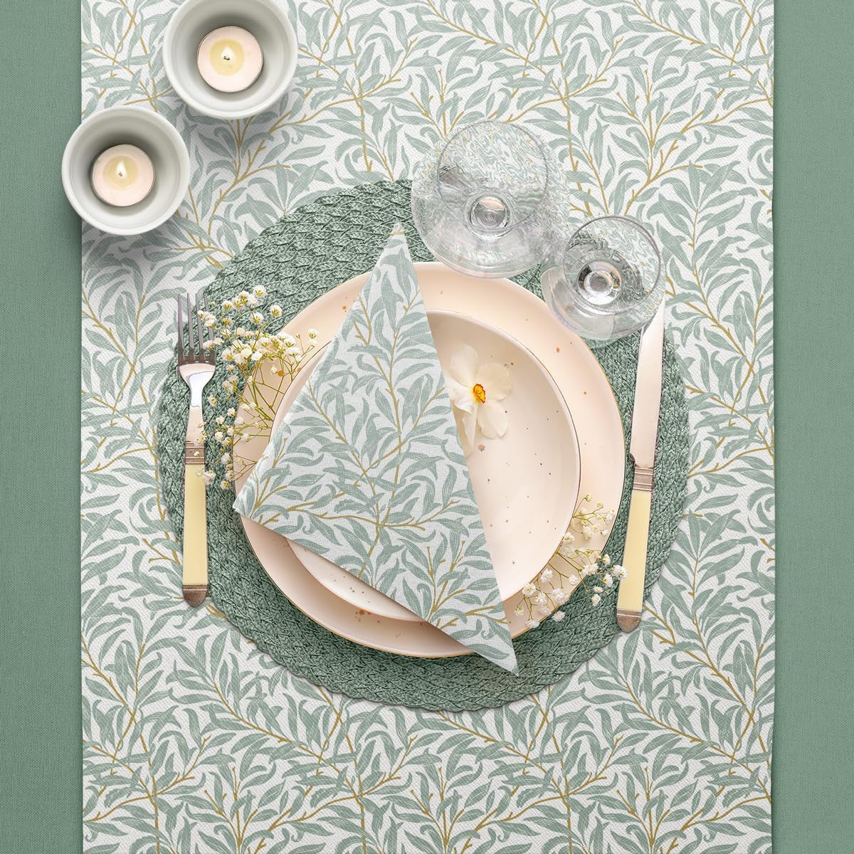 PAW - Runner da tavola in Airlaid (40 Cm X 24 M) I Decorazioni da tavola per Comunione, Cresima, Matrimonio, Anniversario, Festa in Giardino, Battesimo I Decorazioni da tavola Elegante Nastro da tavola - Ramo di salice I Ramo di salice