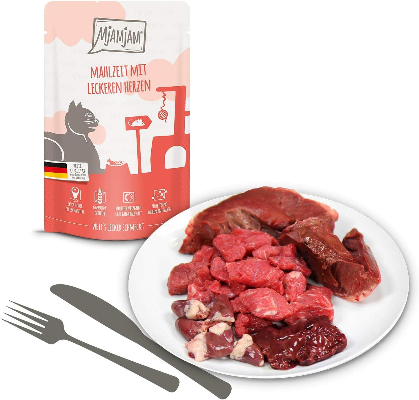 MjAMjAM - Cibo umido premium per gatti - Confezione mista I - Pollo, manzo, cuori Confezione da 12 (12 x 125 g), senza cereali con carne extra