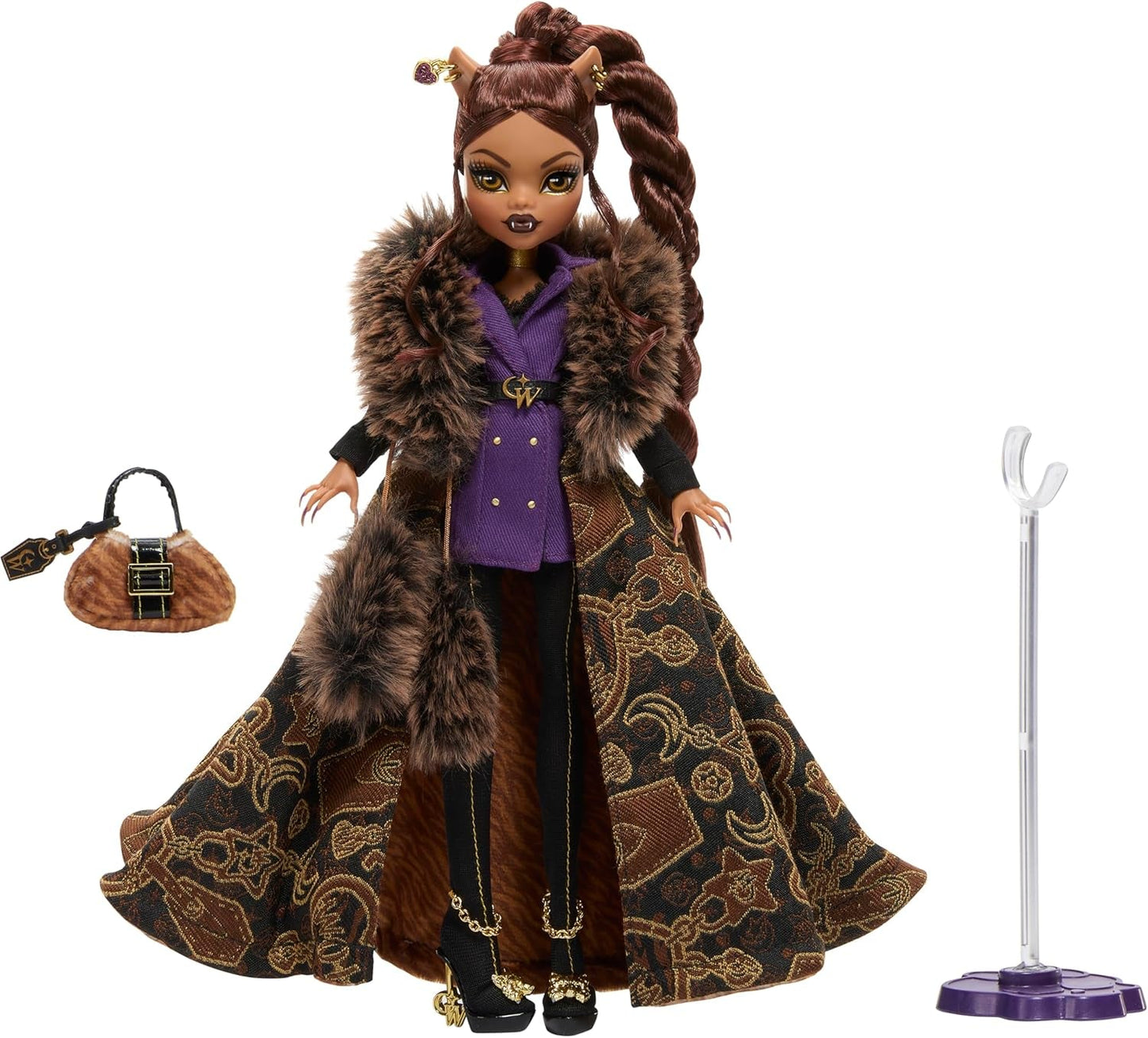 Monster High Doll House of Wolves Clawdeen Wolf Figura da collezione con pelliccia sintetica Cappotto jacquard Giacca viola Abito Pantaloni dorati e accessori JDR66
