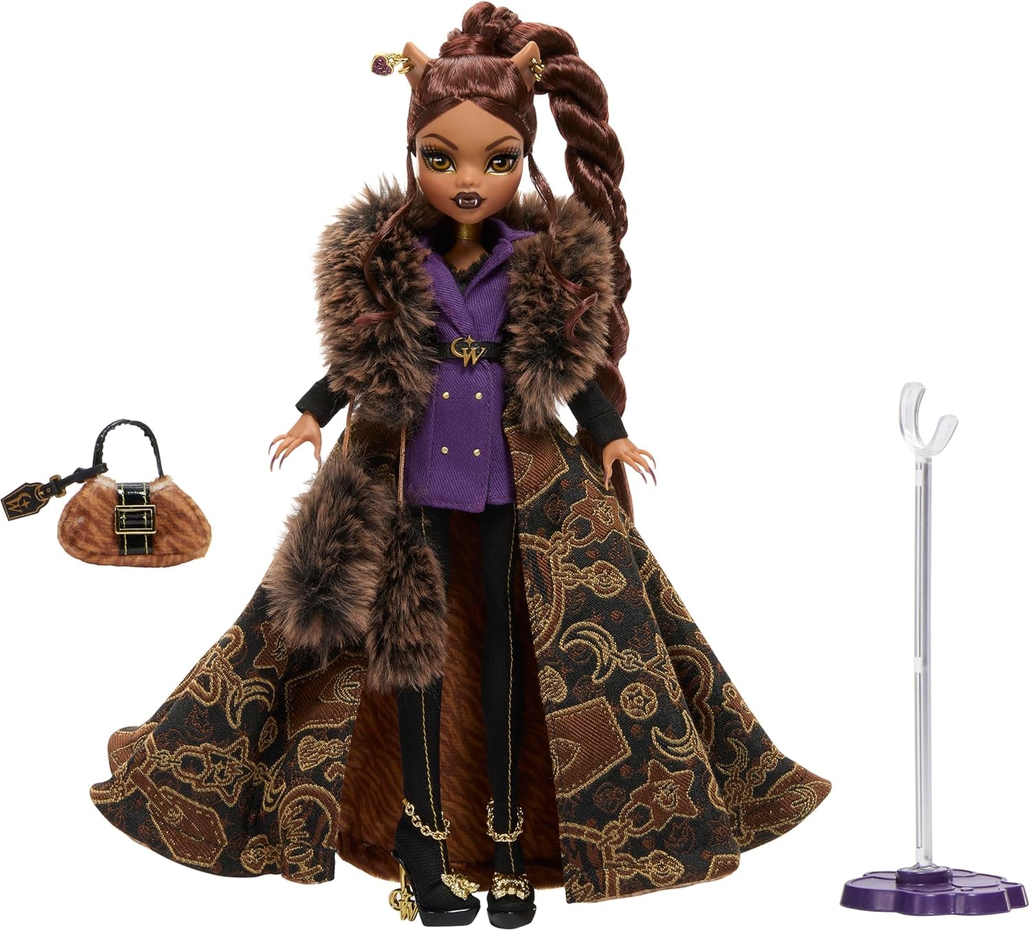 Monster High Doll House of Wolves Clawdeen Wolf Figura da collezione con pelliccia sintetica Cappotto jacquard Giacca viola Abito Pantaloni dorati e accessori JDR66