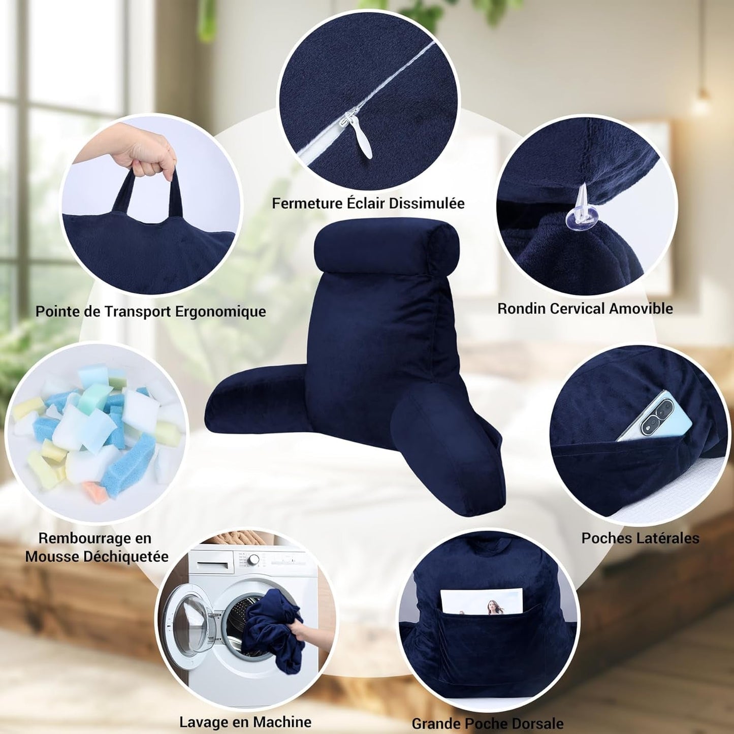 INFANZIA cuscino da lettura con braccioli, memory foam, supporto ergonomico per divano e letto, blu navy
