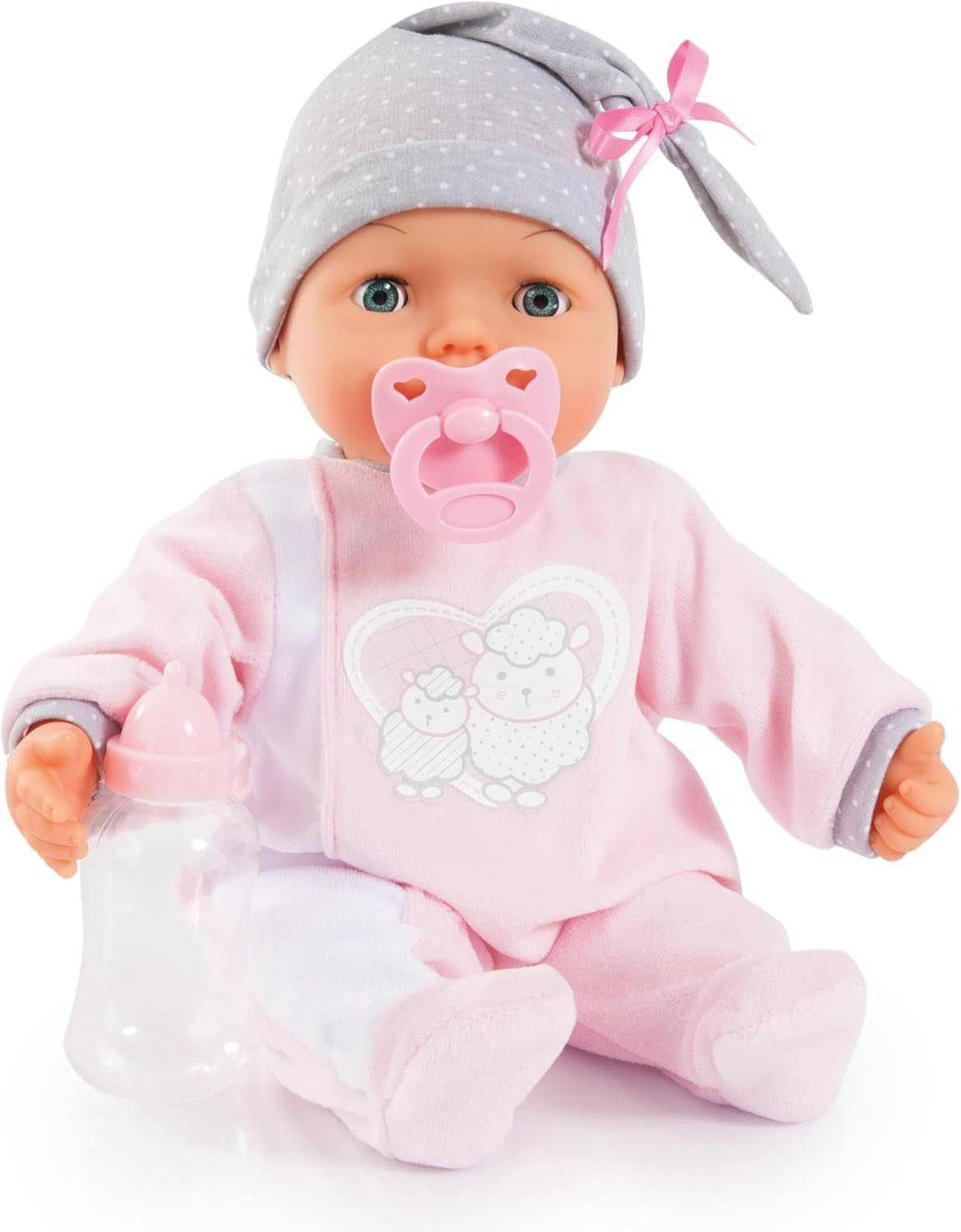 Bayer Design 93829AA La mia Piccolina bambola interattiva con funzione, Bambola parlante, Muove la bocca, 38 cm, Ciuccio, Biberon, Rosa, Grigio