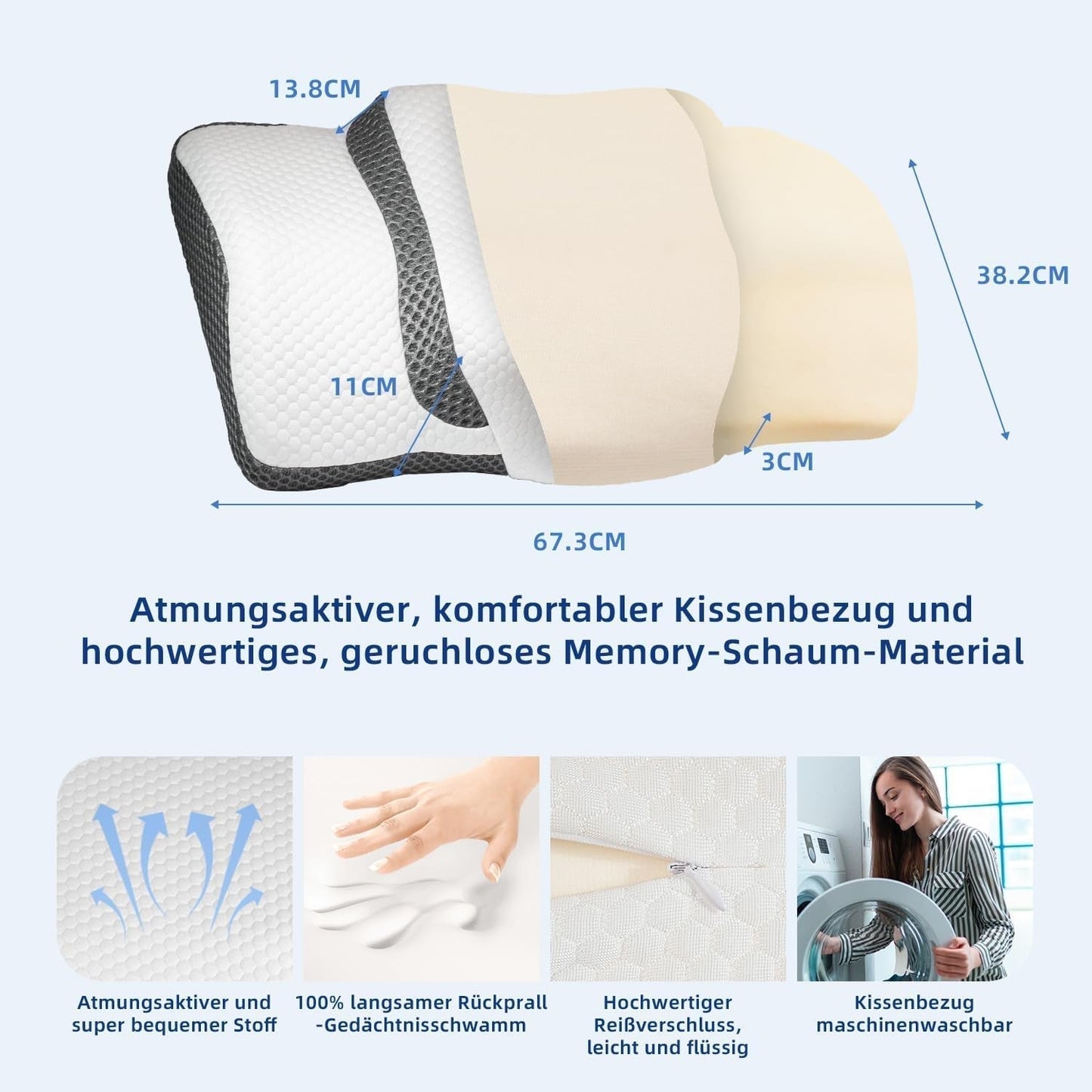 Cuscino Ortopedico, Cuscino Collo ergonomico, Cuscino Testa, Cuscino Memory Foam Originale per Fianchi, Supporto Schiena e Stomaco, Cuscino Supporto Collo per Uomo, Donna (67,3 X 38,2 X 13,8/3 Cm) Cuscini Ortopedici Cervicali Naty Shop